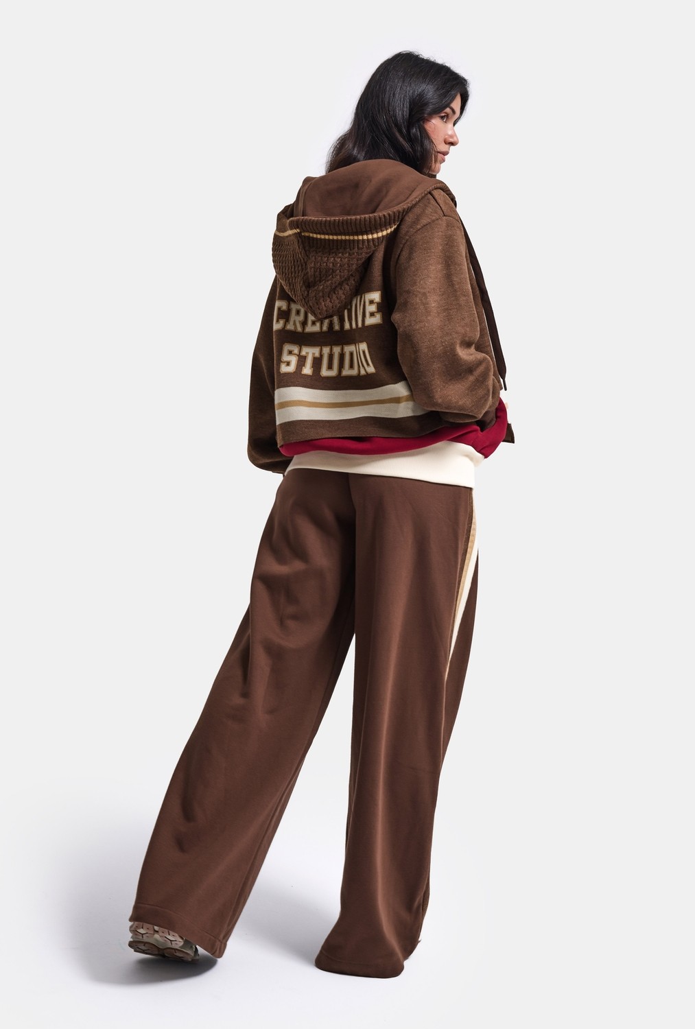 It's Basic Kadın Kahve W6-16 Üst Sweatshirt Polar Alt Eşofman Pantolon 2'li Tasarım Takım görsel 7