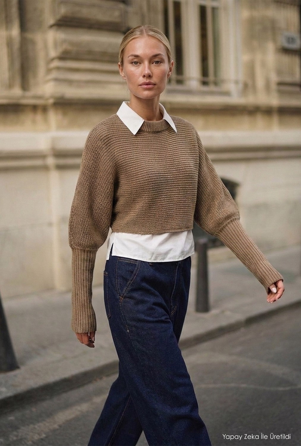 It's Basic Kadın Bej W6-57 Oversize Tek Parça Gömlek Yaka Detaylı Tasarım Triko Kazak