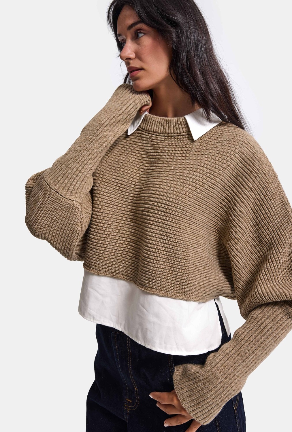 It's Basic Kadın Bej W6-57 Oversize Tek Parça Gömlek Yaka Detaylı Tasarım Triko Kazak görsel 2