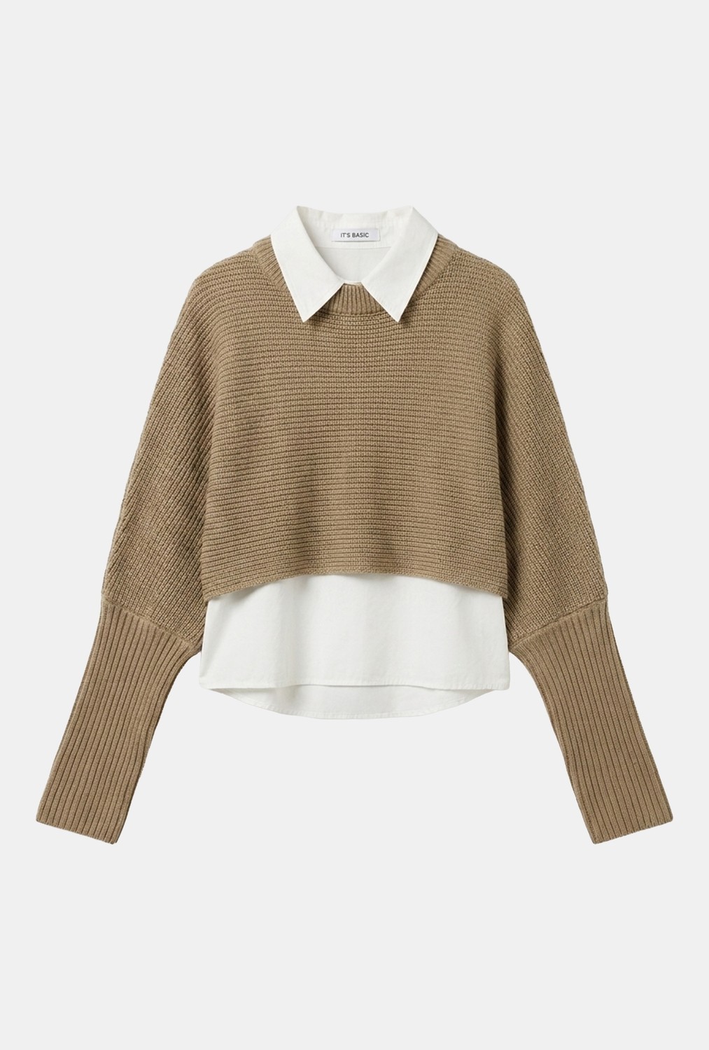 It's Basic Kadın Bej W6-57 Oversize Tek Parça Gömlek Yaka Detaylı Tasarım Triko Kazak görsel 3