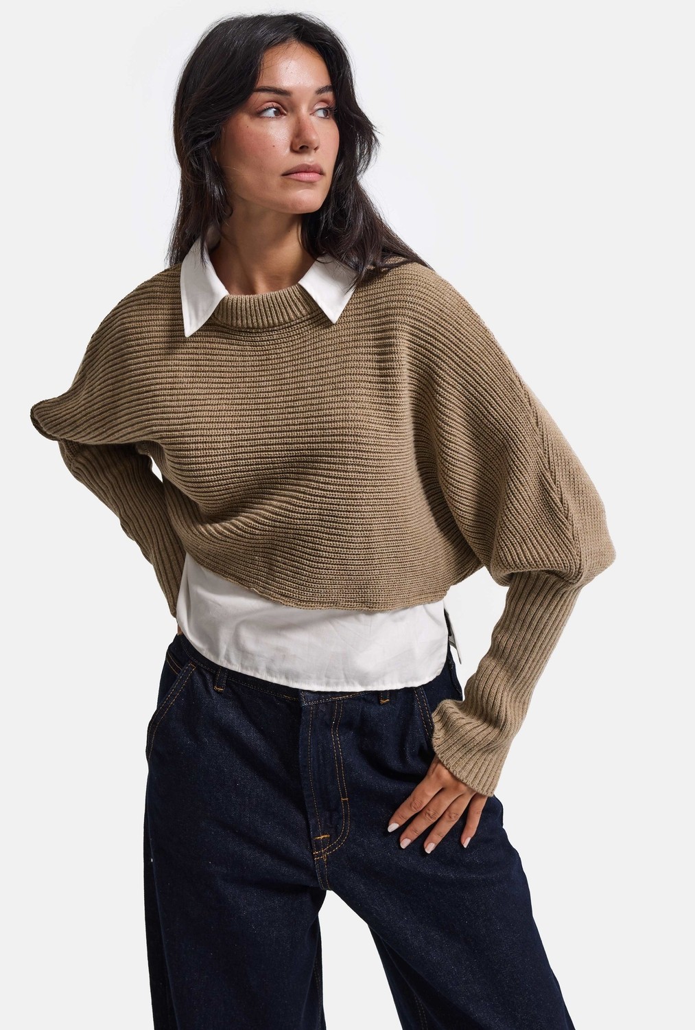 It's Basic Kadın Bej W6-57 Oversize Tek Parça Gömlek Yaka Detaylı Tasarım Triko Kazak görsel 5