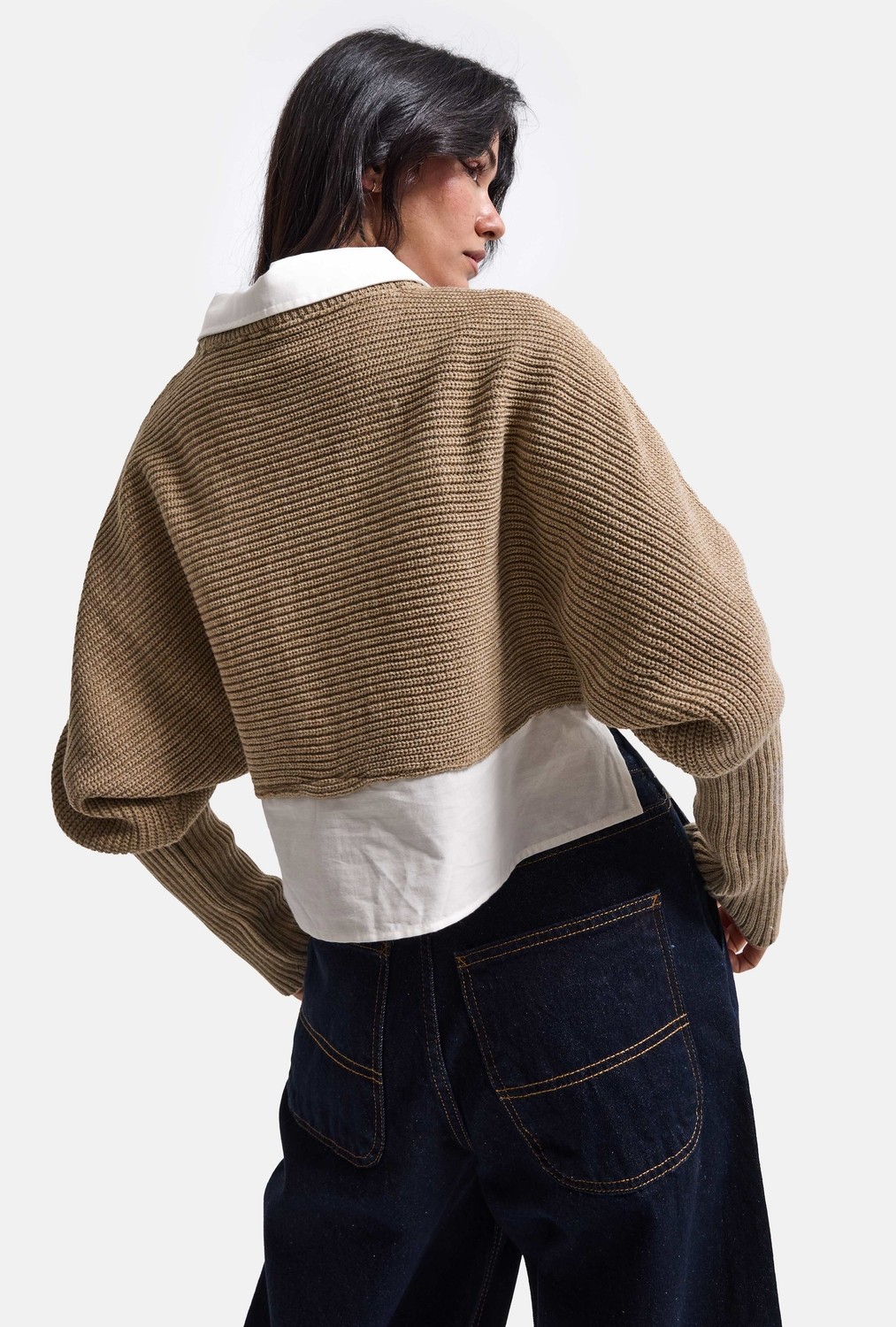 It's Basic Kadın Bej W6-57 Oversize Tek Parça Gömlek Yaka Detaylı Tasarım Triko Kazak görsel 7