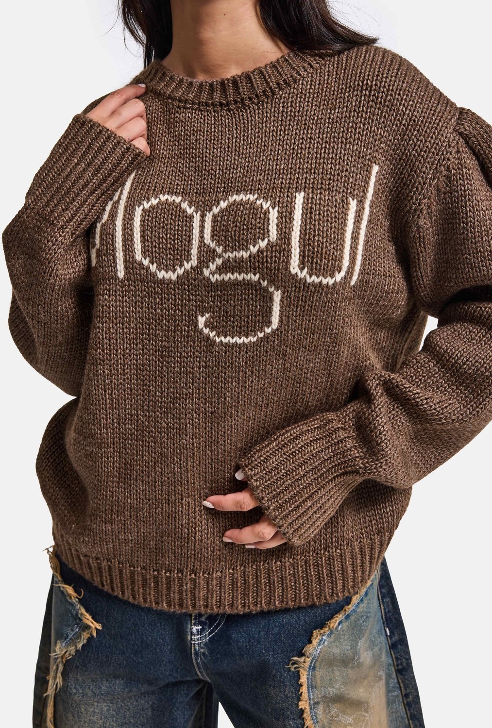 It's Basic Kadın Kahve W6-81 Mogul Nakışlı Oversize Tasarım Triko Kazak görsel 3