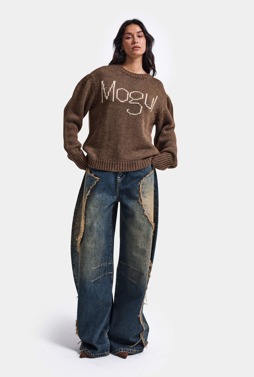 It's Basic Kadın Kahve W6-81 Mogul Nakışlı Oversize Tasarım Triko Kazak görsel 4