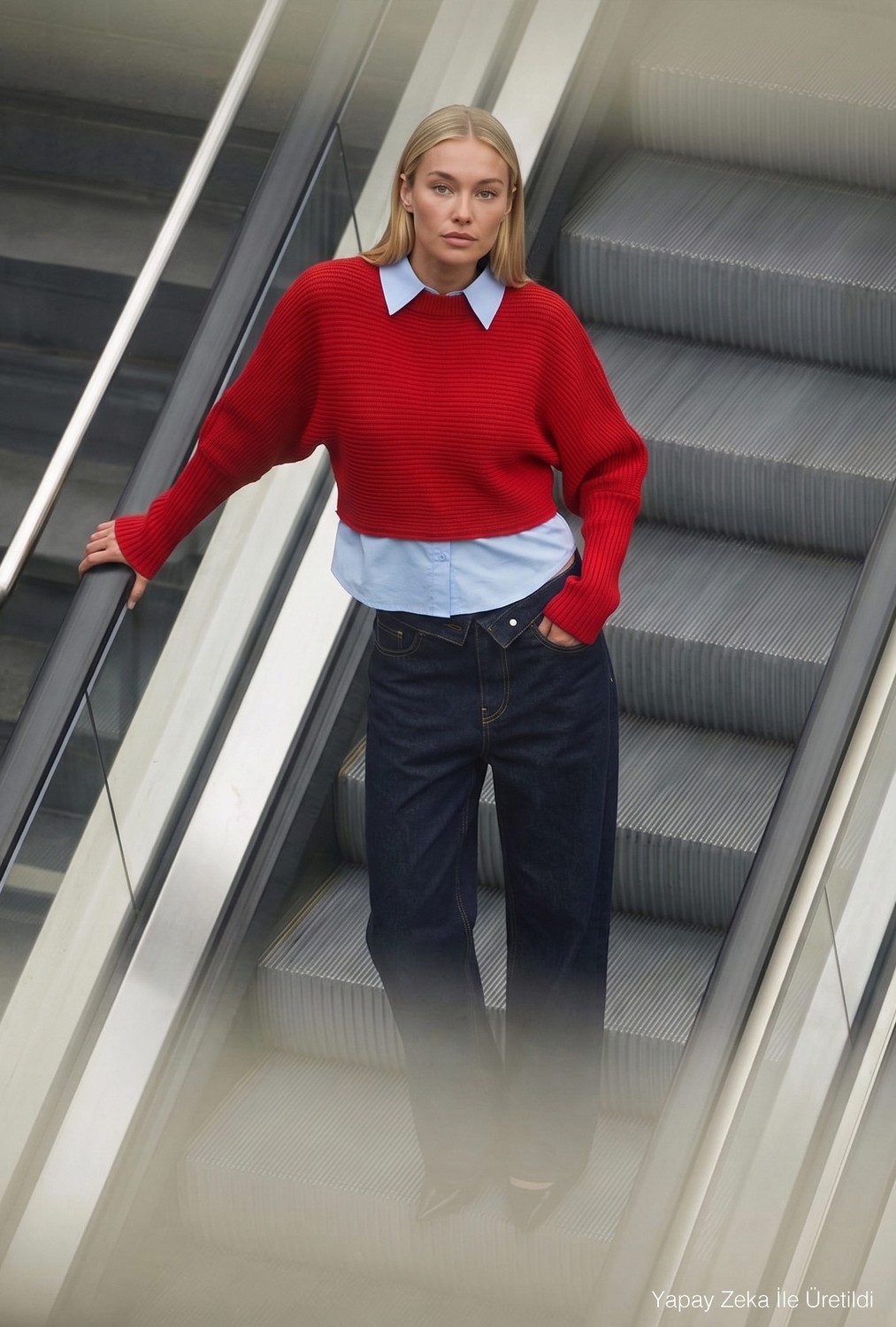 It's Basic Kadın Bej W6-57 Oversize Tek Parça Gömlek Yaka Detaylı Tasarım Triko Kazak görsel 8