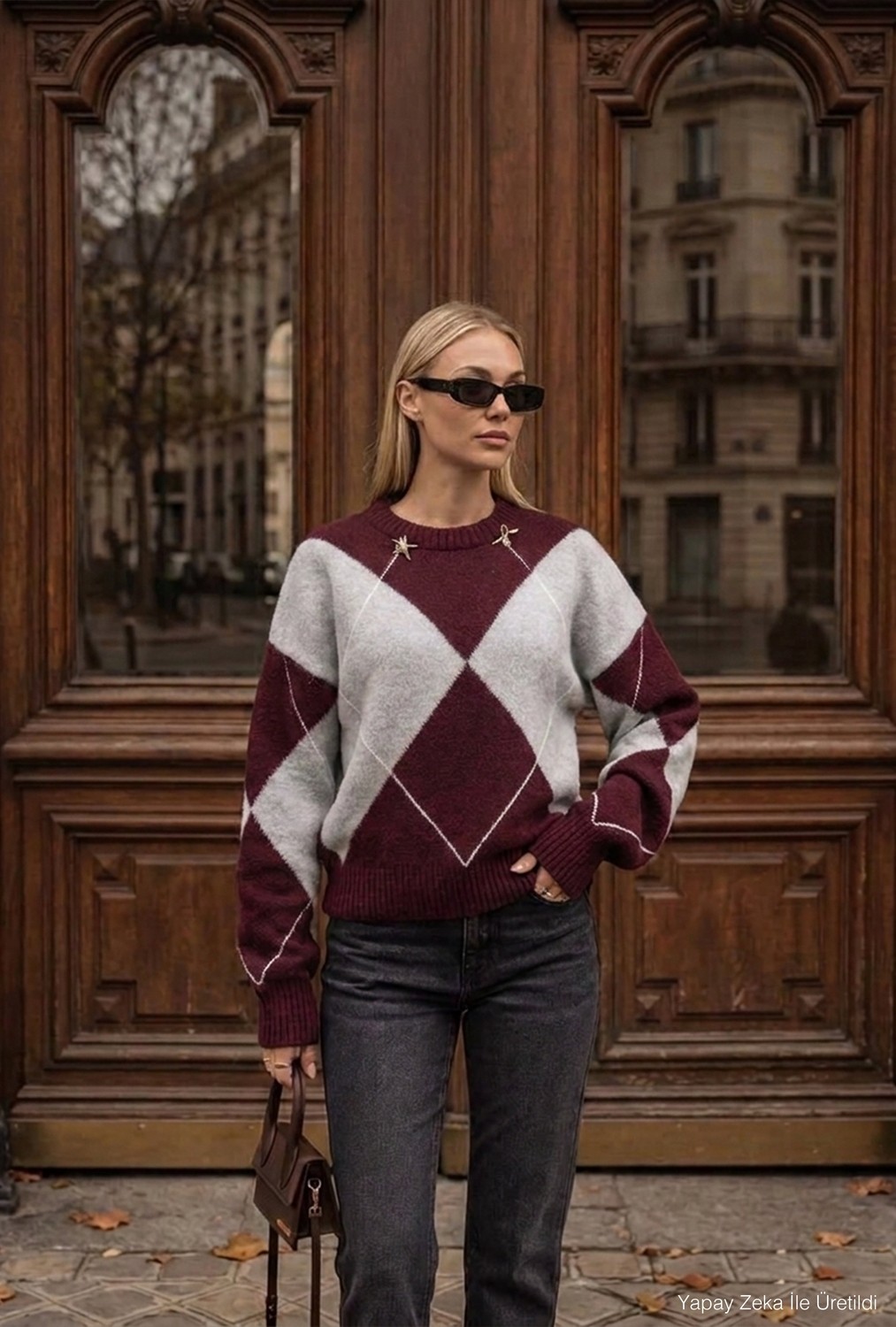 It's Basic Kadın Bordo Gri W6-35 Oversize Baklava Desenli Aksesuar Detaylı Tasarım Triko Kazak