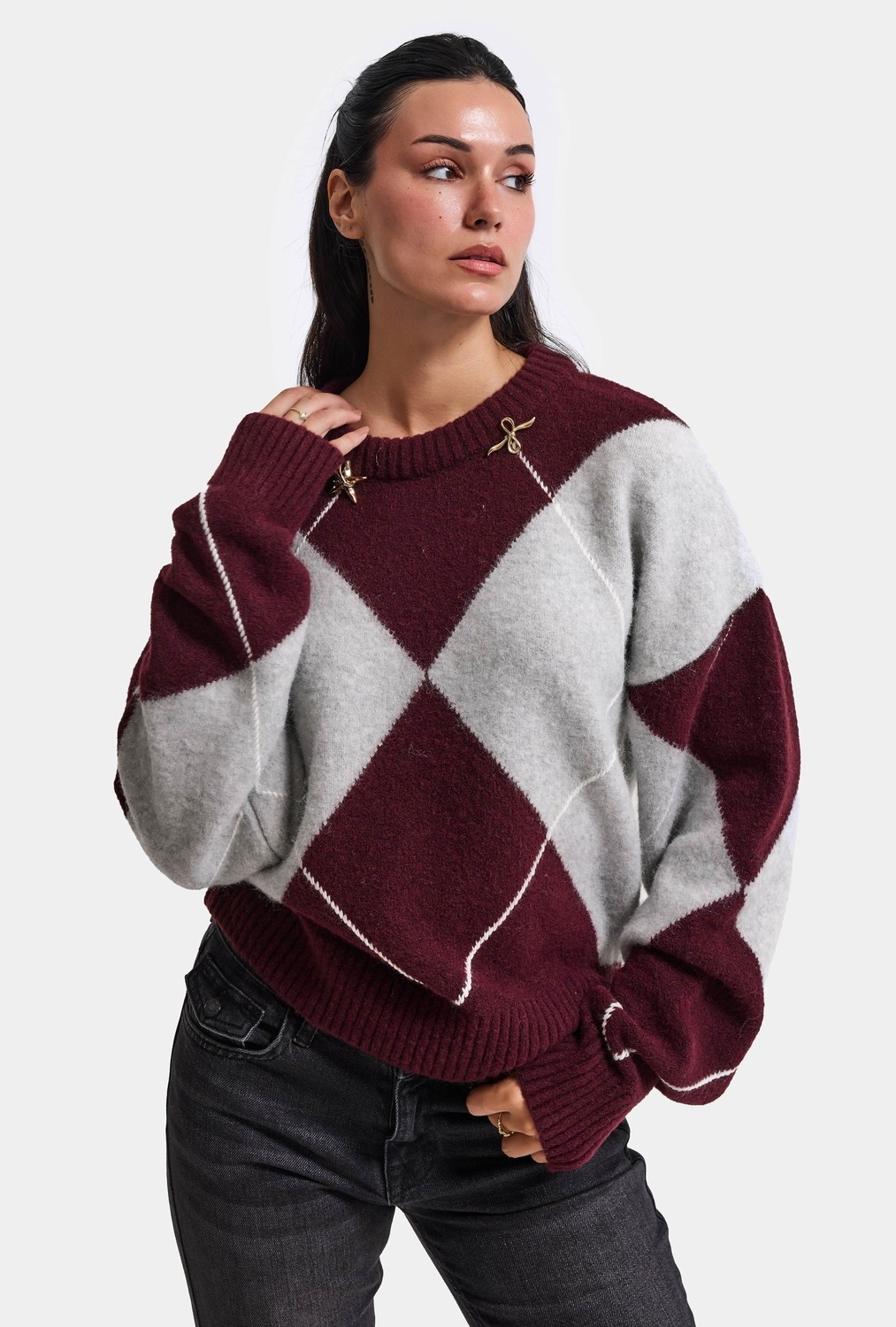 It's Basic Kadın Bordo Gri W6-35 Oversize Baklava Desenli Aksesuar Detaylı Tasarım Triko Kazak görsel 2