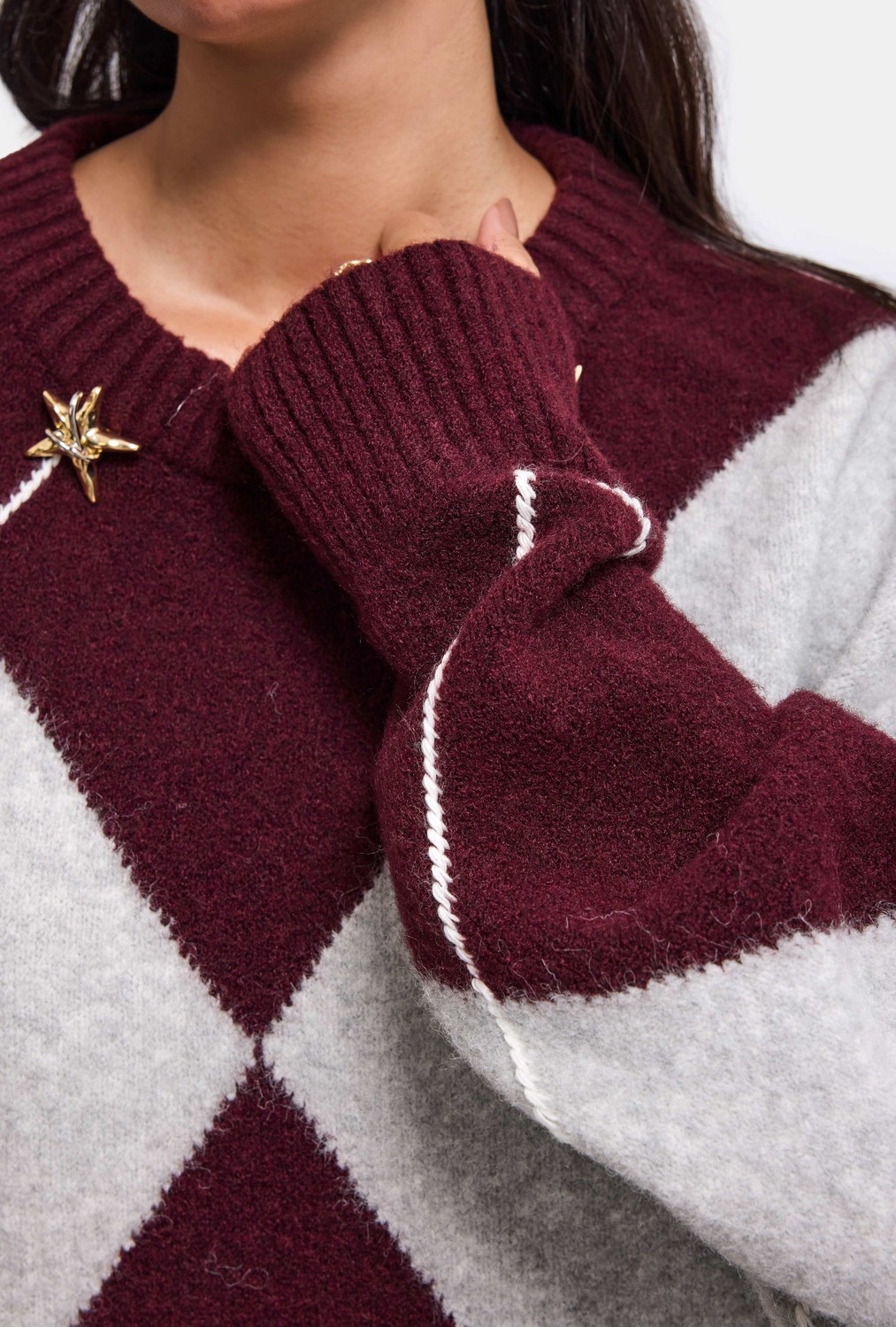 It's Basic Kadın Bordo Gri W6-35 Oversize Baklava Desenli Aksesuar Detaylı Tasarım Triko Kazak görsel 3