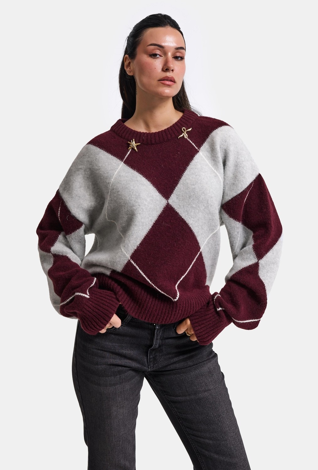 It's Basic Kadın Bordo Gri W6-35 Oversize Baklava Desenli Aksesuar Detaylı Tasarım Triko Kazak görsel 4