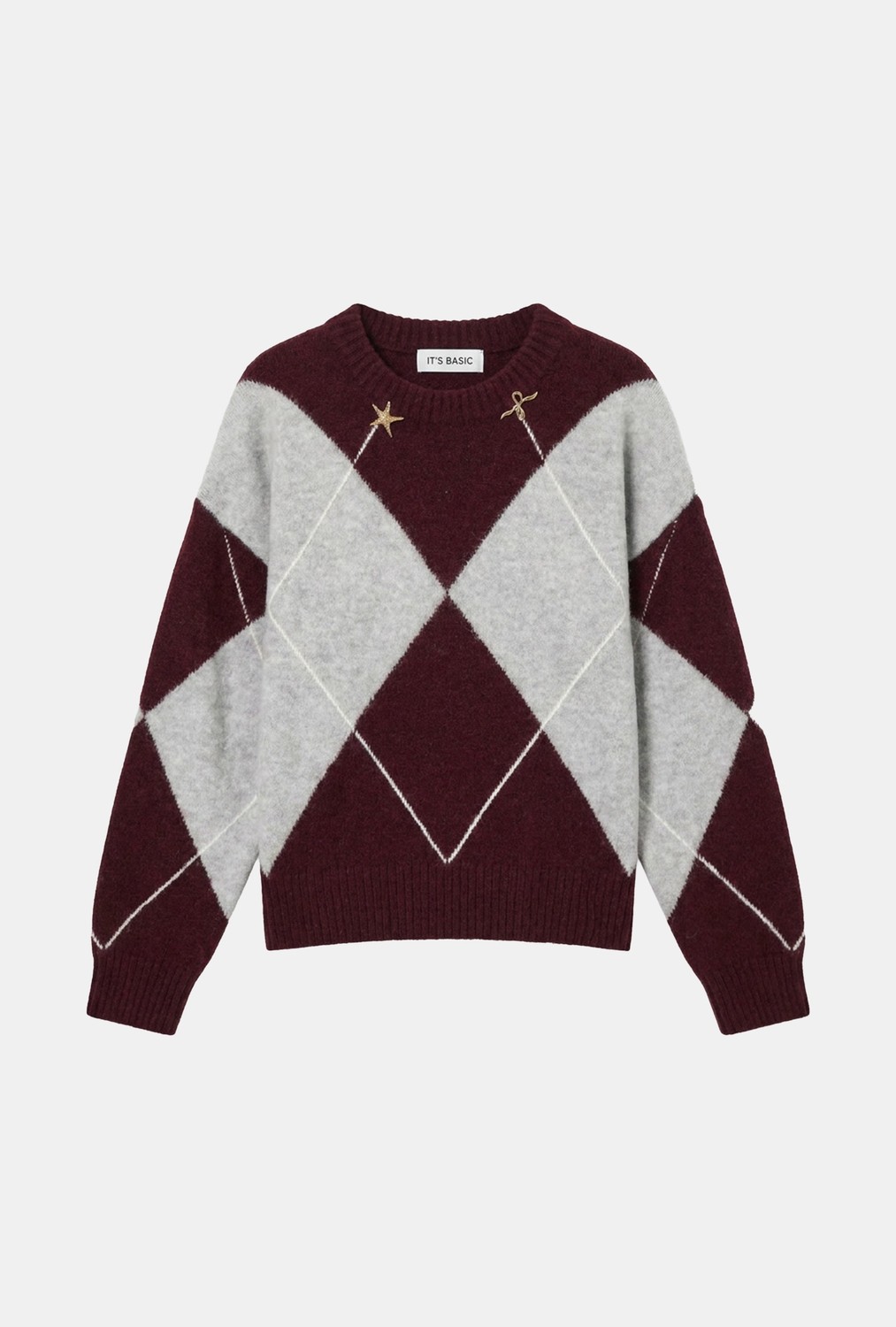 It's Basic Kadın Bordo Gri W6-35 Oversize Baklava Desenli Aksesuar Detaylı Tasarım Triko Kazak görsel 5