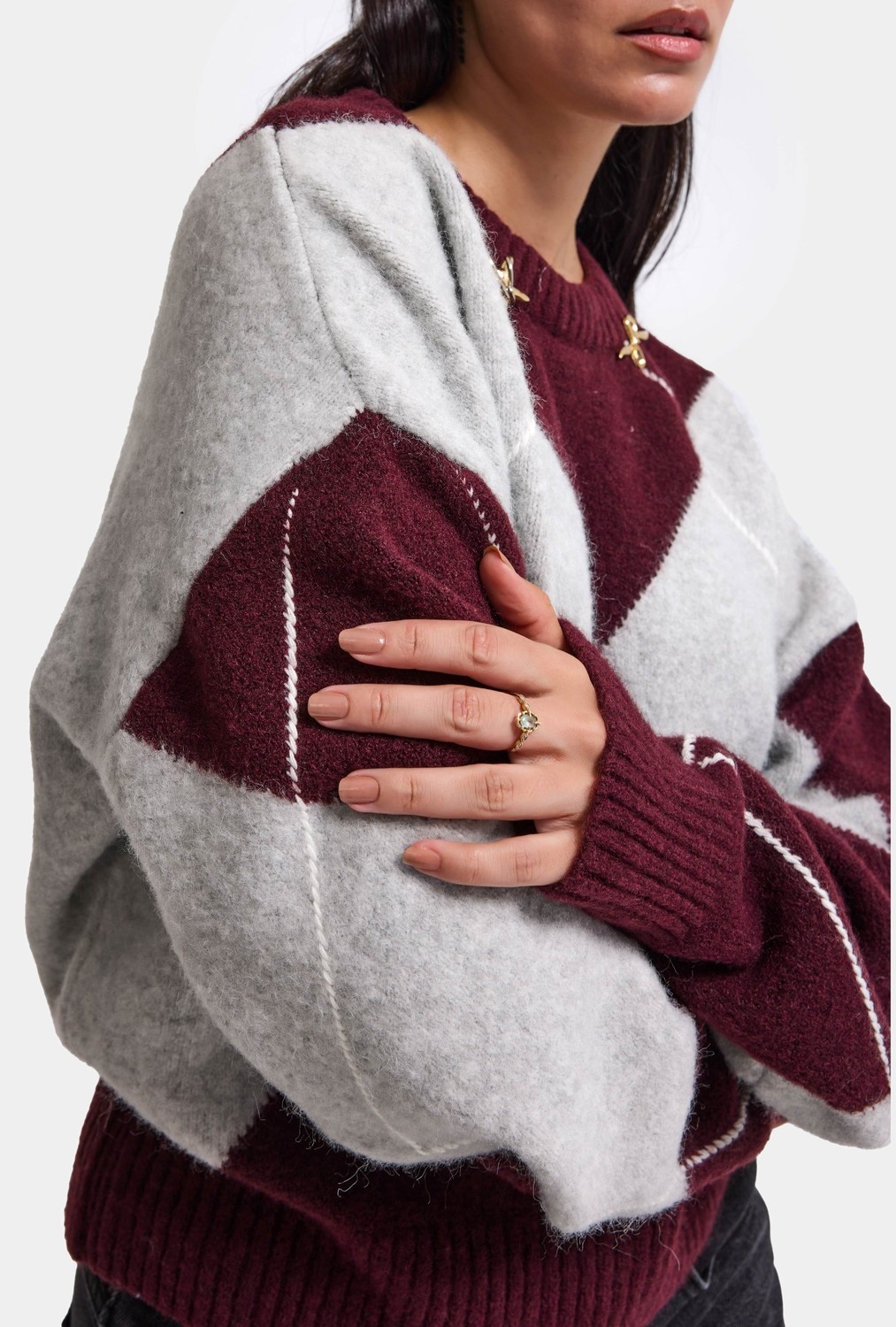 It's Basic Kadın Bordo Gri W6-35 Oversize Baklava Desenli Aksesuar Detaylı Tasarım Triko Kazak görsel 6