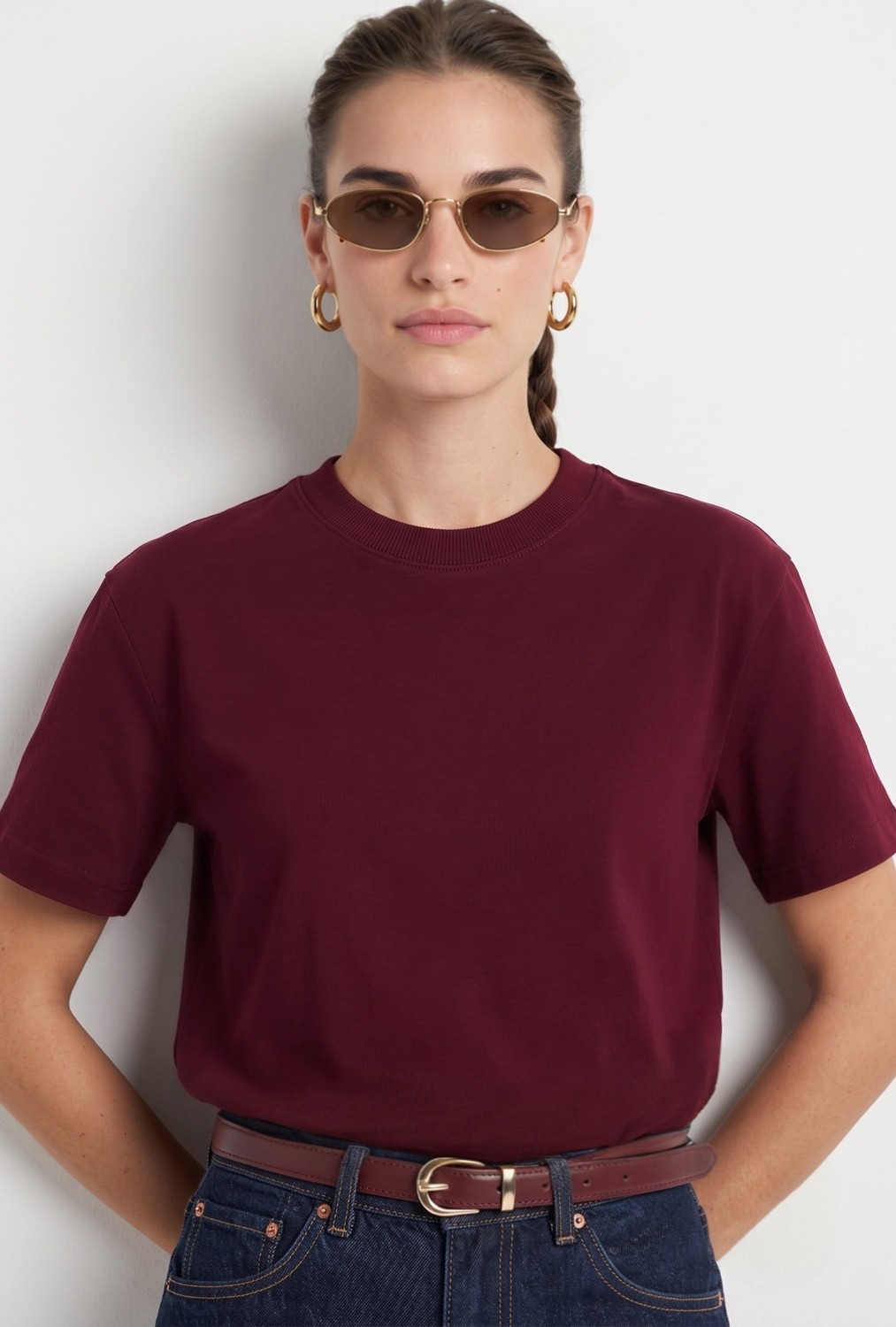 Ritnice Kadın Rise Dekoratif Yaka Tok Doku %100 Pamuk Bordo T-Shirt