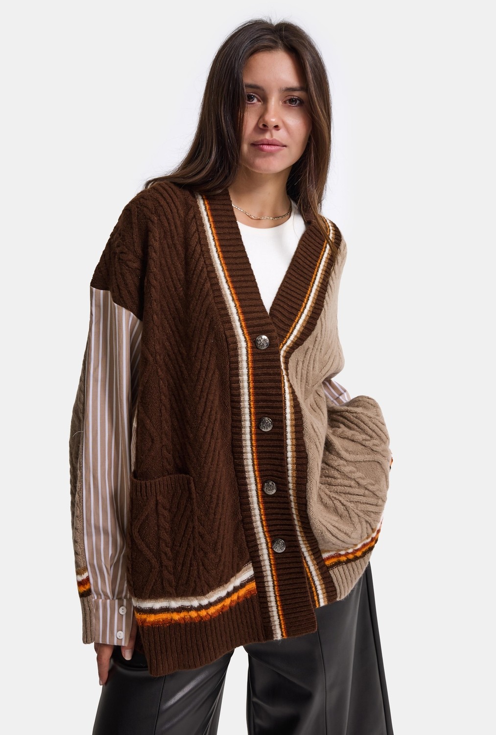 It's Basic Kadın Kahve W6-16 Oversize Gömlek Kumaş Detaylı Özel Tasarım Triko Hırka