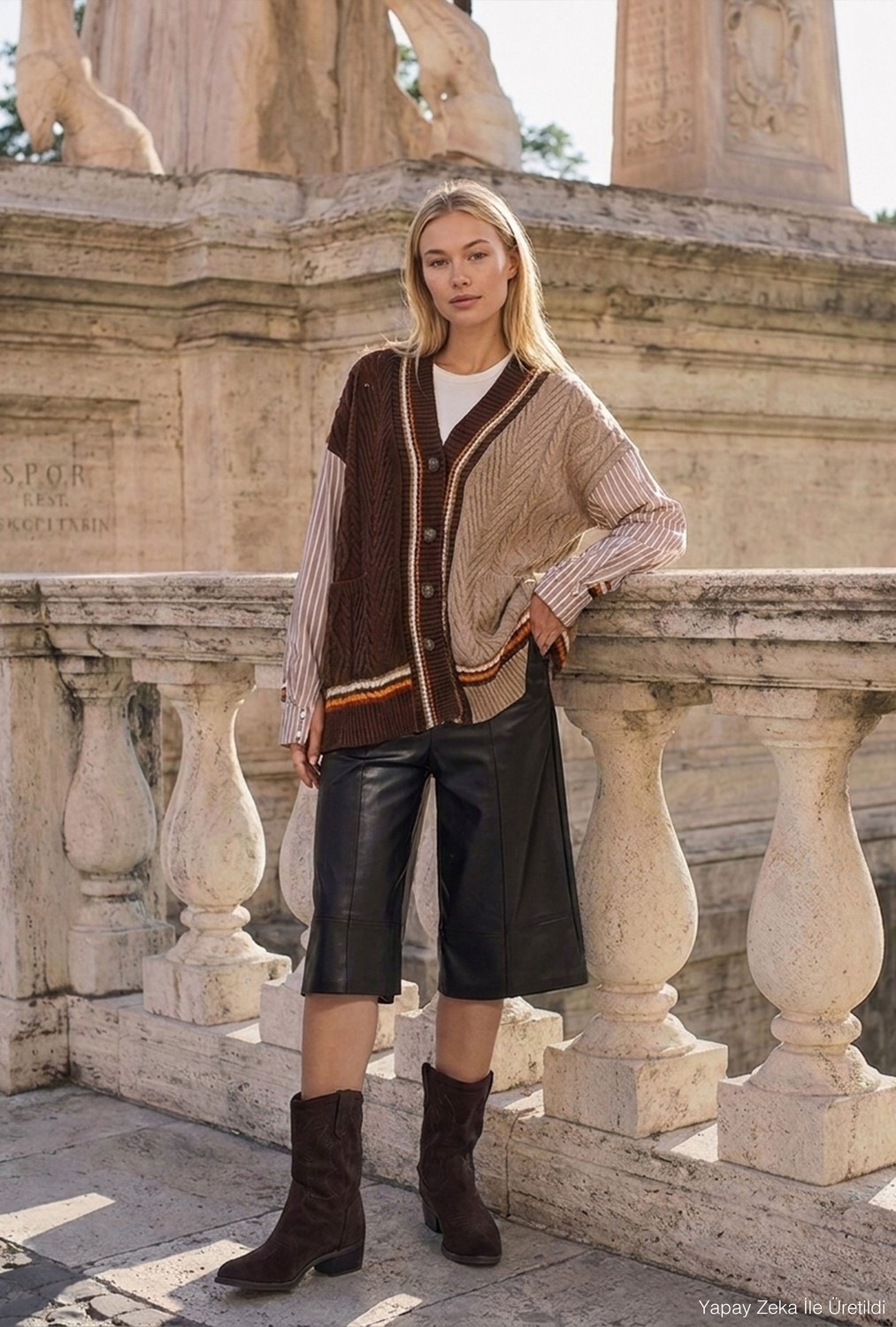It's Basic Kadın Kahve W6-16 Oversize Gömlek Kumaş Detaylı Özel Tasarım Triko Hırka görsel 3