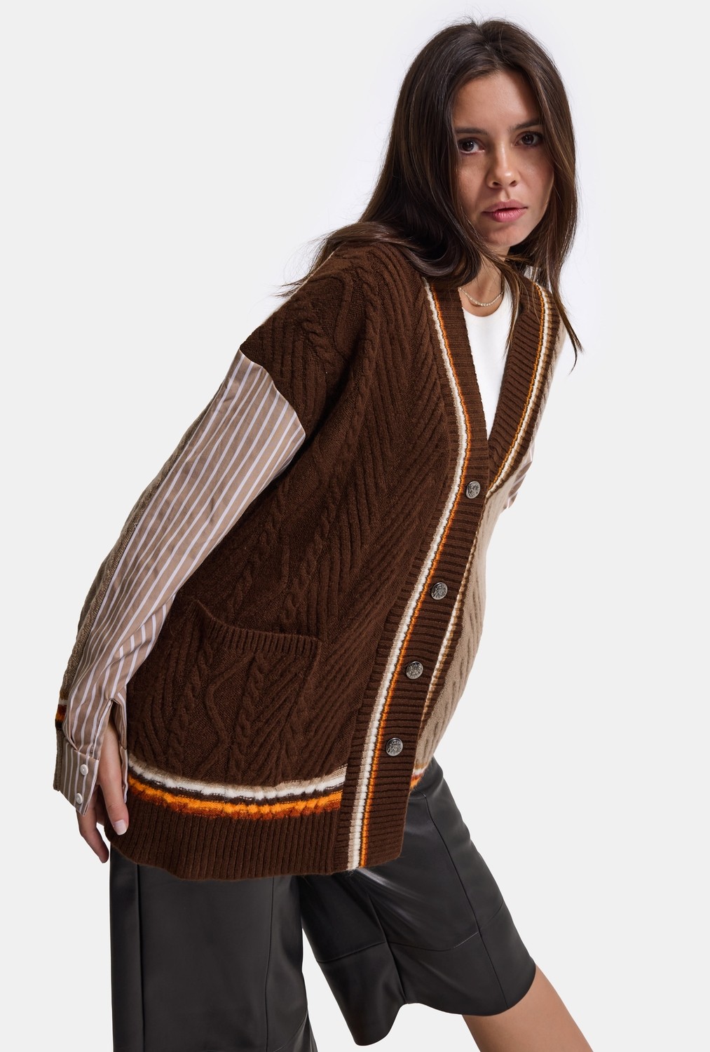 It's Basic Kadın Kahve W6-16 Oversize Gömlek Kumaş Detaylı Özel Tasarım Triko Hırka görsel 6