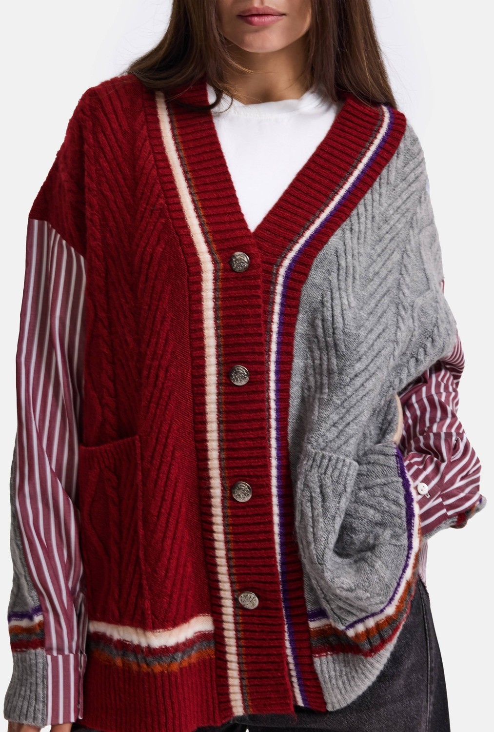 It's Basic Kadın Kahve W6-16 Oversize Gömlek Kumaş Detaylı Özel Tasarım Triko Hırka görsel 8