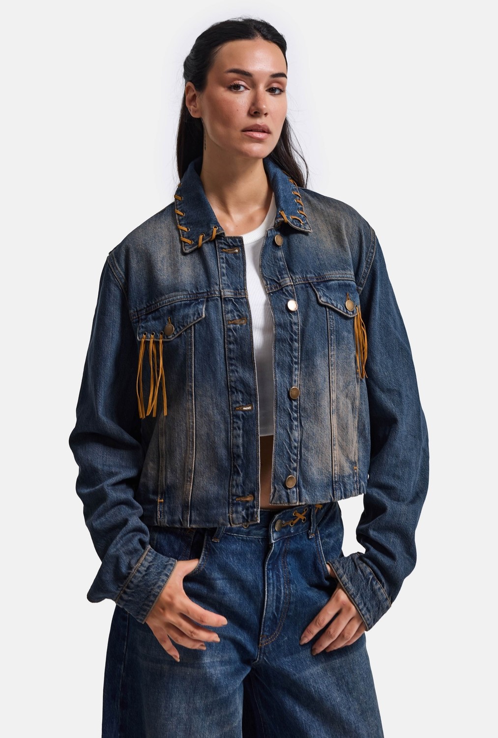 It's Basic Kadın T.kot Rengi 2W6-8 Kemer Boy Süet Detaylı Tasarım Denim Ceket görsel 4