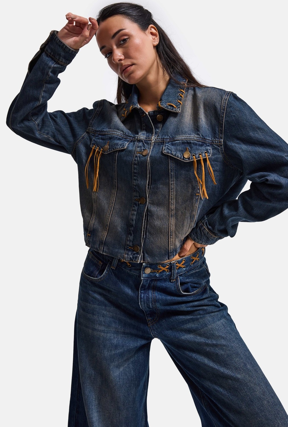 It's Basic Kadın T.kot Rengi 2W6-8 Kemer Boy Süet Detaylı Tasarım Denim Ceket görsel 5