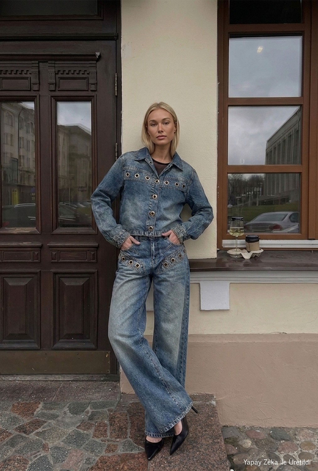 It's Basic Kadın Kot Rengi 4W6-8 Kemer Boy Kuş Gözü Detaylı Özel Tasarım Denim Ceket görsel 4