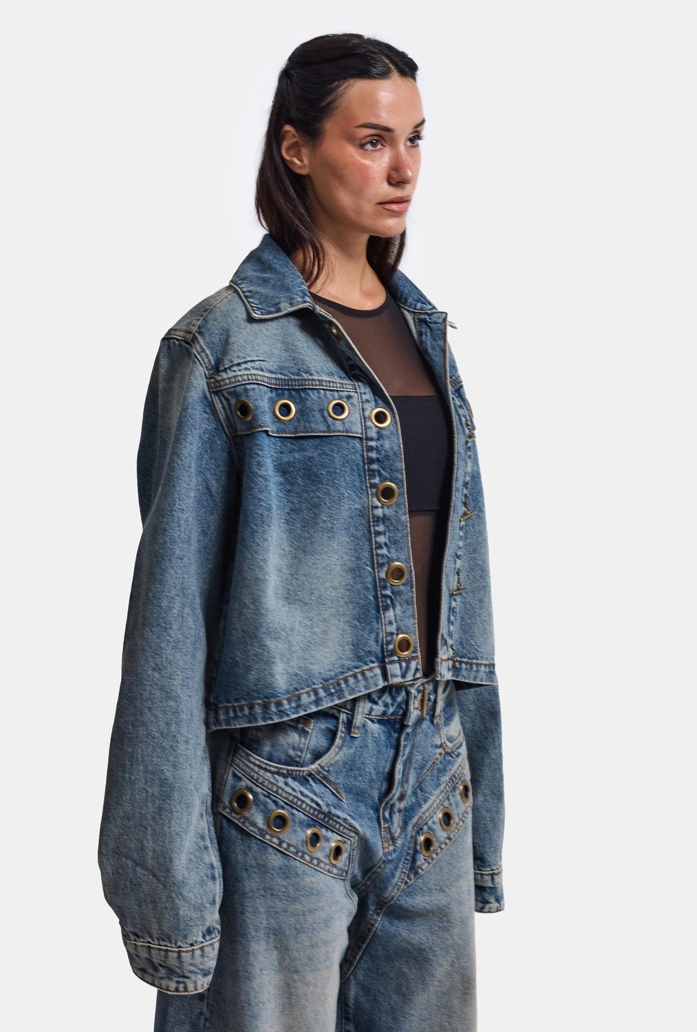 It's Basic Kadın Kot Rengi 4W6-8 Kemer Boy Kuş Gözü Detaylı Özel Tasarım Denim Ceket görsel 5