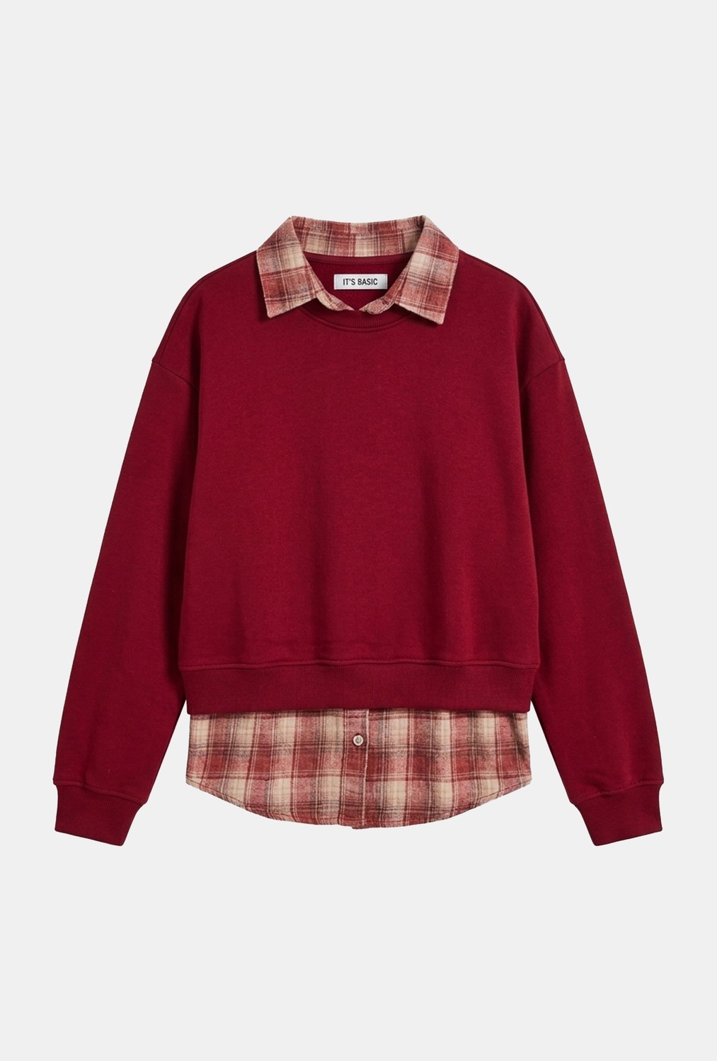It's Basic Kadın Bordo W6-35 Oversize Ekose Gömlek Detaylı Tasarım Sweatshirt
