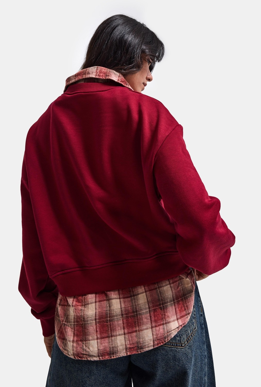 It's Basic Kadın Bordo W6-35 Oversize Ekose Gömlek Detaylı Tasarım Sweatshirt görsel 2
