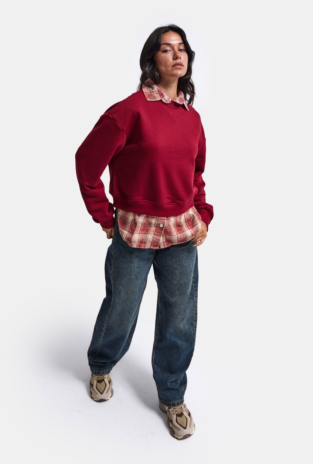It's Basic Kadın Bordo W6-35 Oversize Ekose Gömlek Detaylı Tasarım Sweatshirt görsel 3