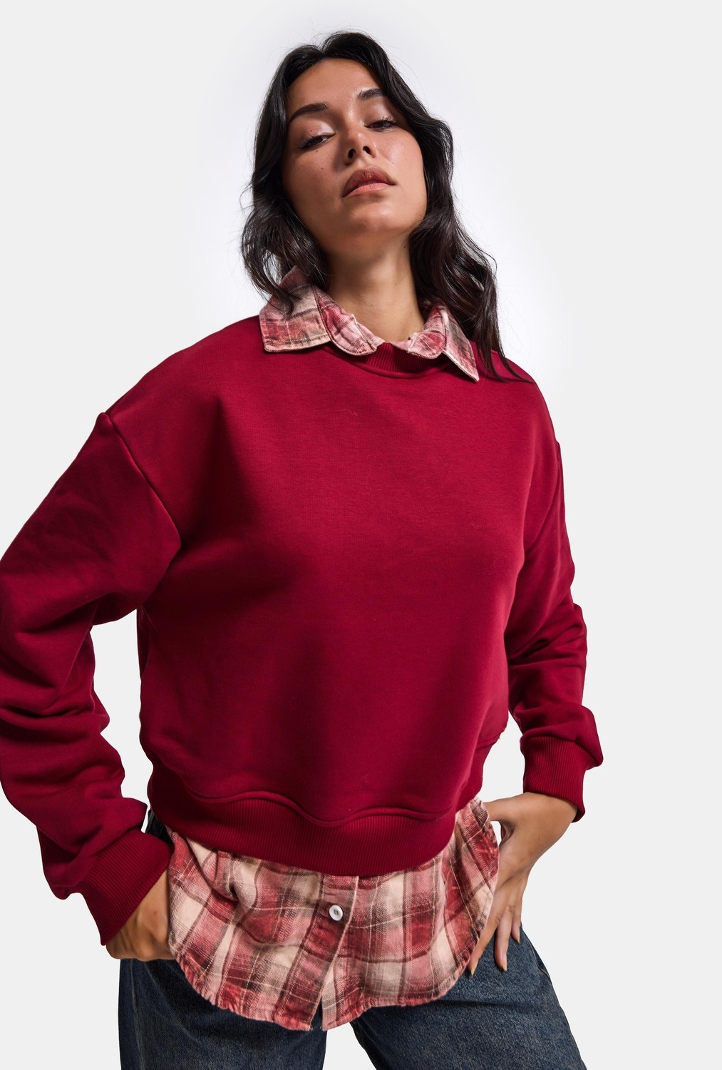 It's Basic Kadın Bordo W6-35 Oversize Ekose Gömlek Detaylı Tasarım Sweatshirt görsel 4