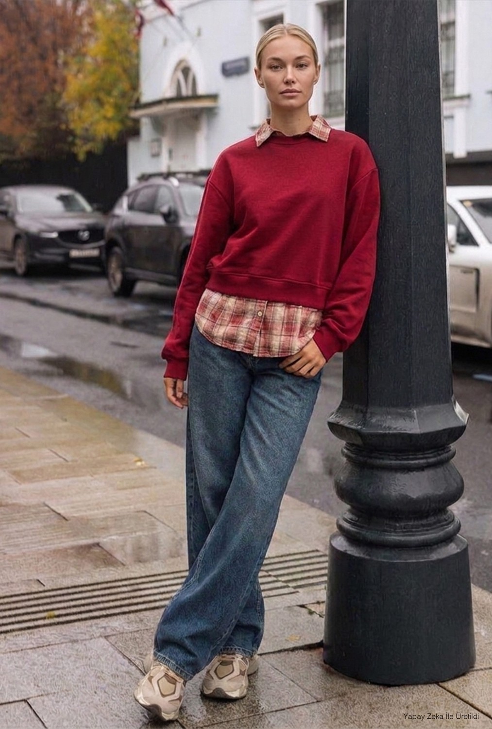 It's Basic Kadın Bordo W6-35 Oversize Ekose Gömlek Detaylı Tasarım Sweatshirt görsel 5