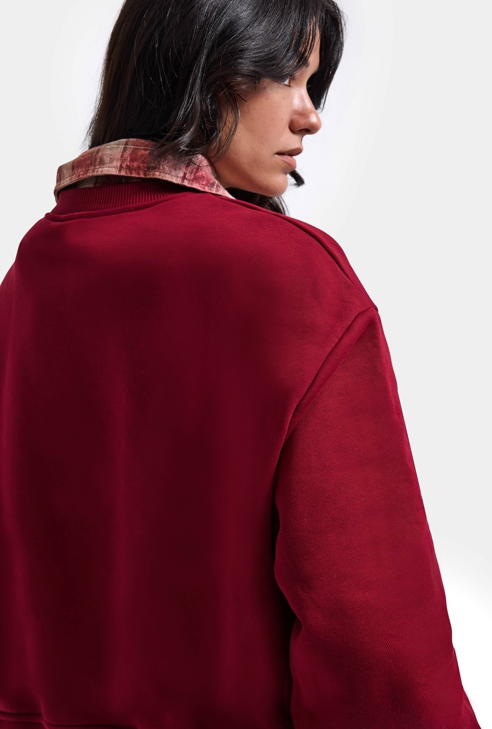 It's Basic Kadın Bordo W6-35 Oversize Ekose Gömlek Detaylı Tasarım Sweatshirt görsel 6