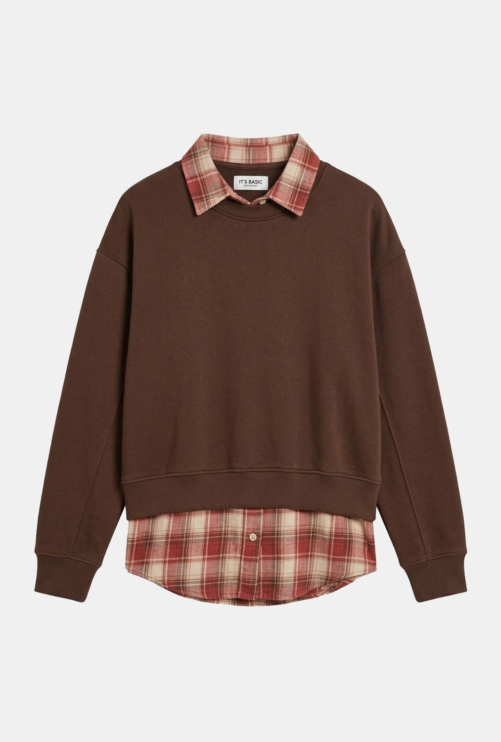 It's Basic Kadın Bordo W6-35 Oversize Ekose Gömlek Detaylı Tasarım Sweatshirt görsel 7