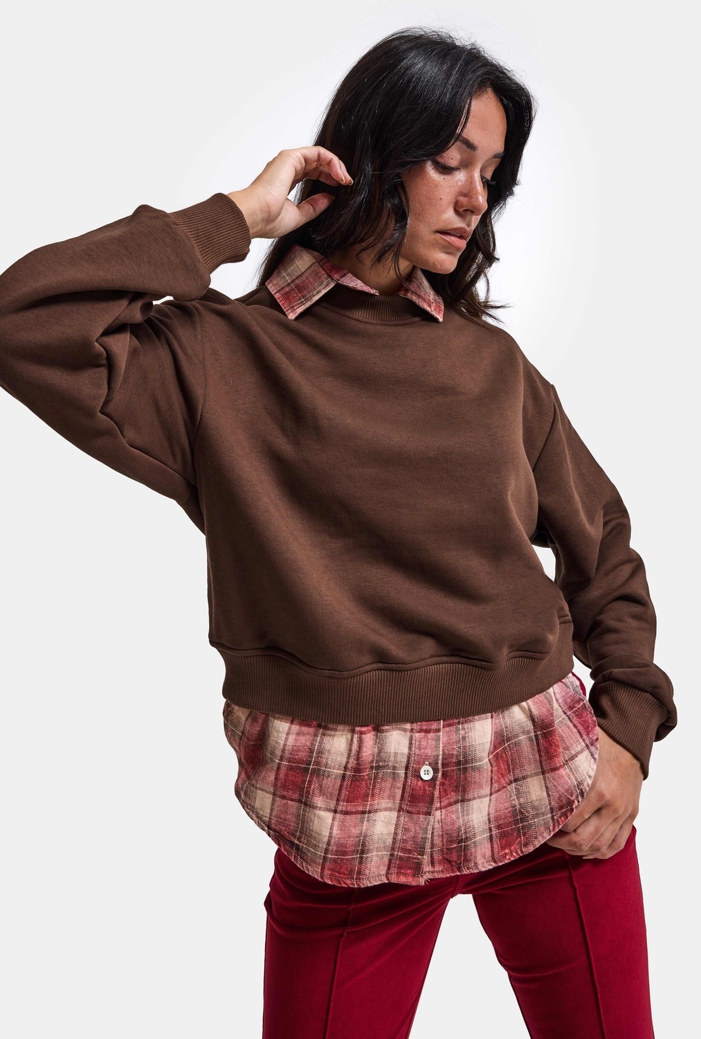 It's Basic Kadın Bordo W6-35 Oversize Ekose Gömlek Detaylı Tasarım Sweatshirt görsel 8