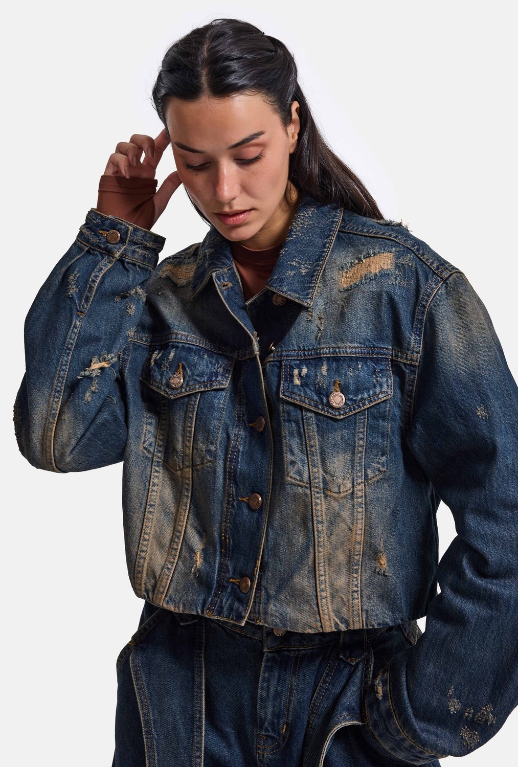 It's Basic Kadın Kot Rengi 10W6-8 Kemer Boy Oversize Özel Tasarım Denim Ceket