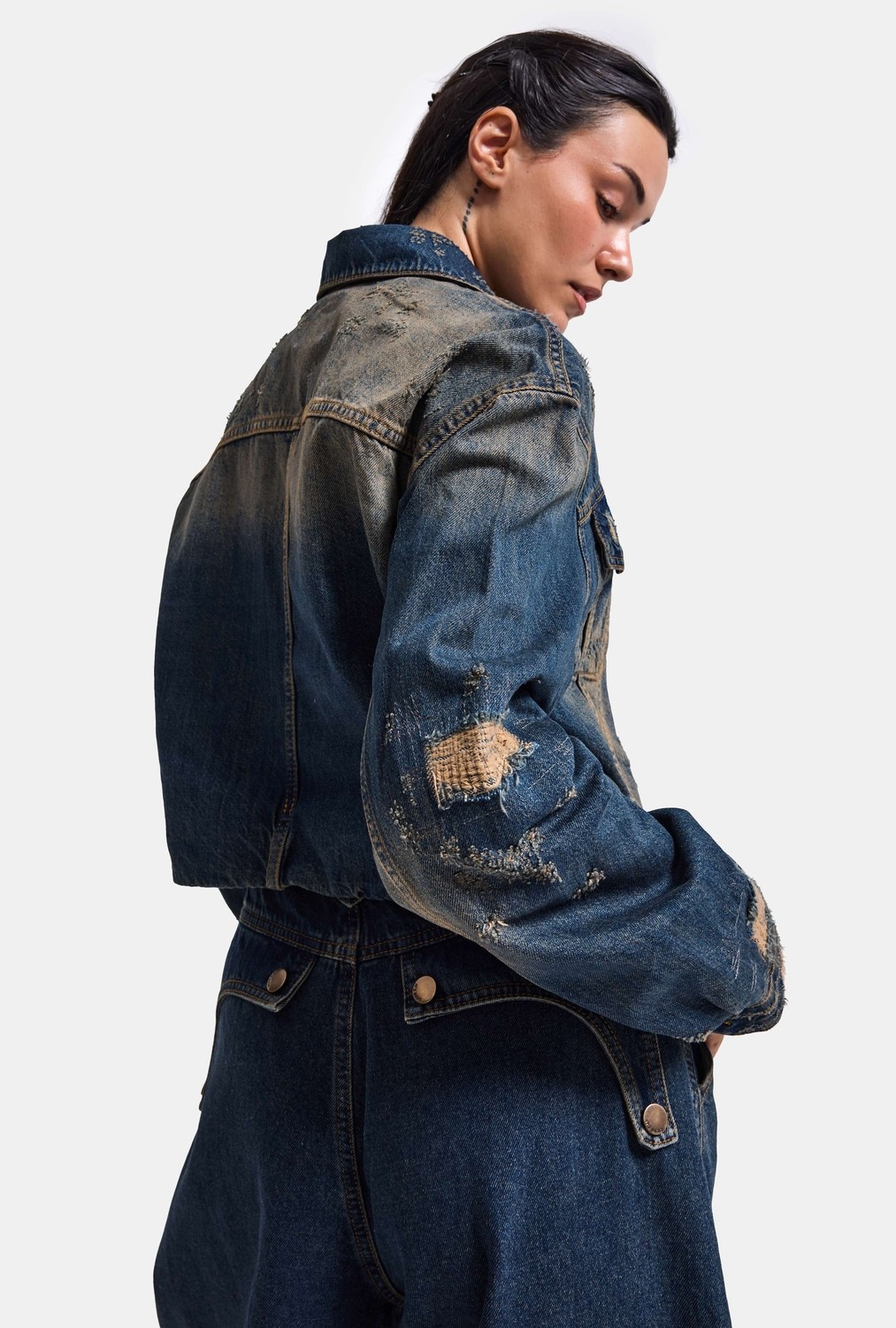It's Basic Kadın Kot Rengi 10W6-8 Kemer Boy Oversize Özel Tasarım Denim Ceket görsel 3