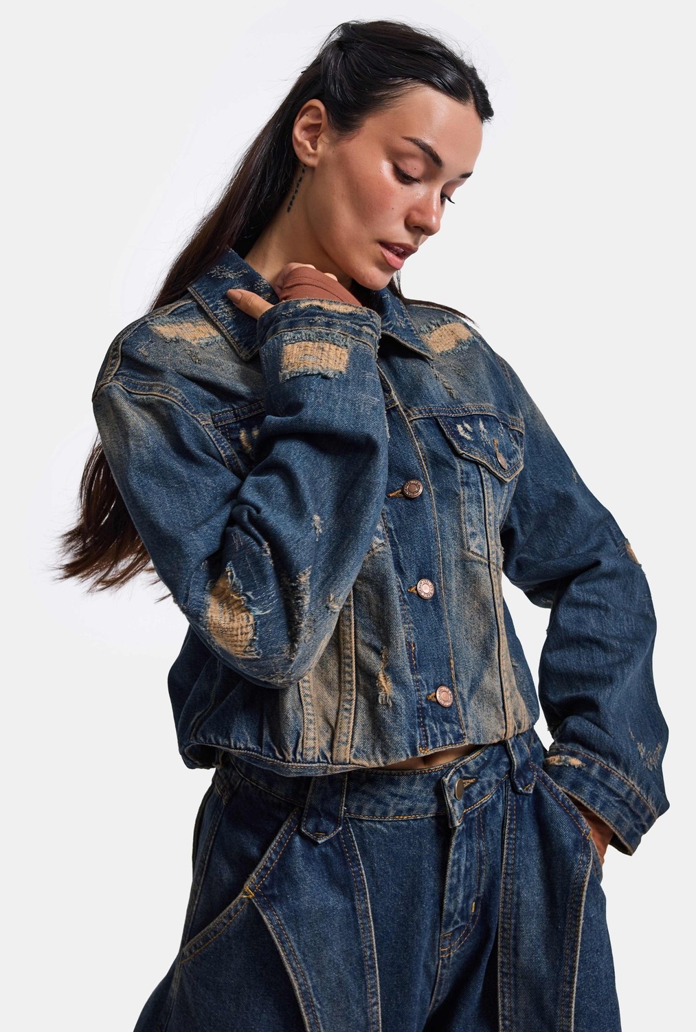 It's Basic Kadın Kot Rengi 10W6-8 Kemer Boy Oversize Özel Tasarım Denim Ceket görsel 4
