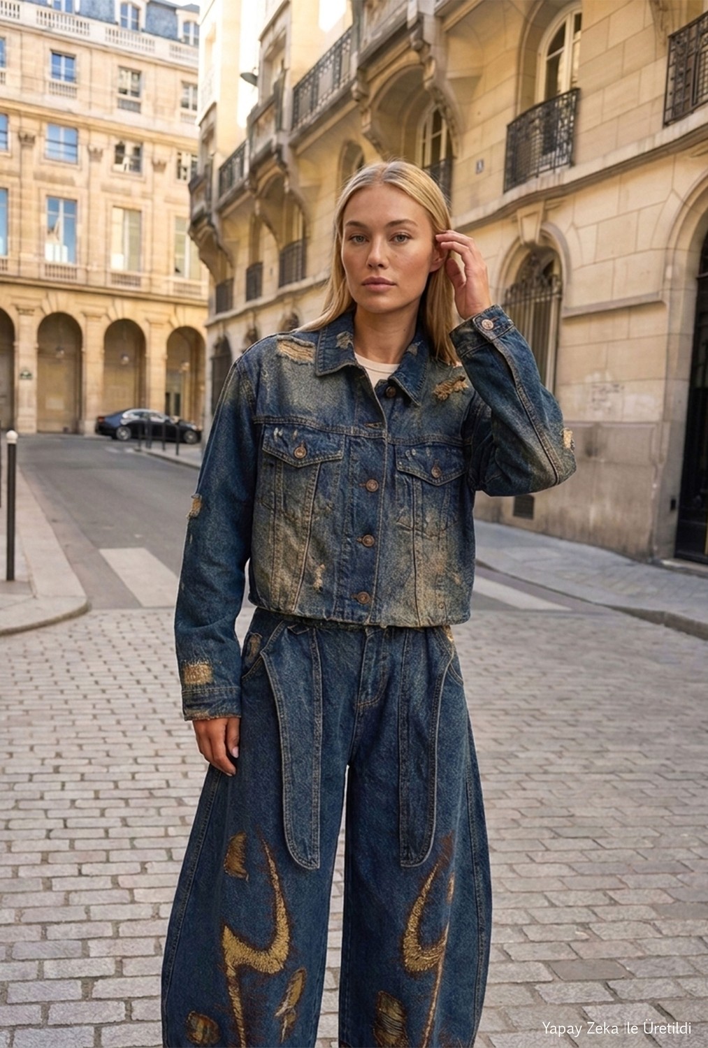 It's Basic Kadın Kot Rengi 10W6-8 Kemer Boy Oversize Özel Tasarım Denim Ceket görsel 5