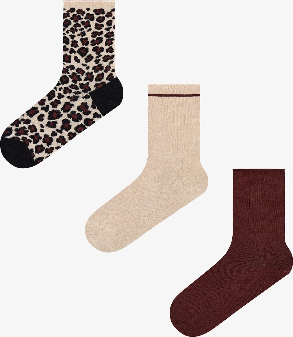 Penti Bordo Bej Relax Leopar Pamuklu 3 Çift Soket Çorap