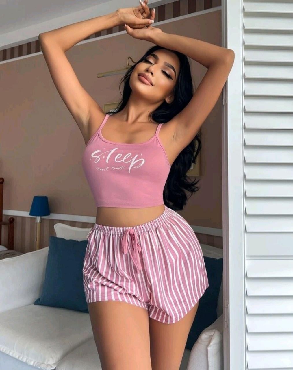 Kadın Pembe Çizgili Desen Askılı Şortlu Pijama Takım 5002 görsel 6