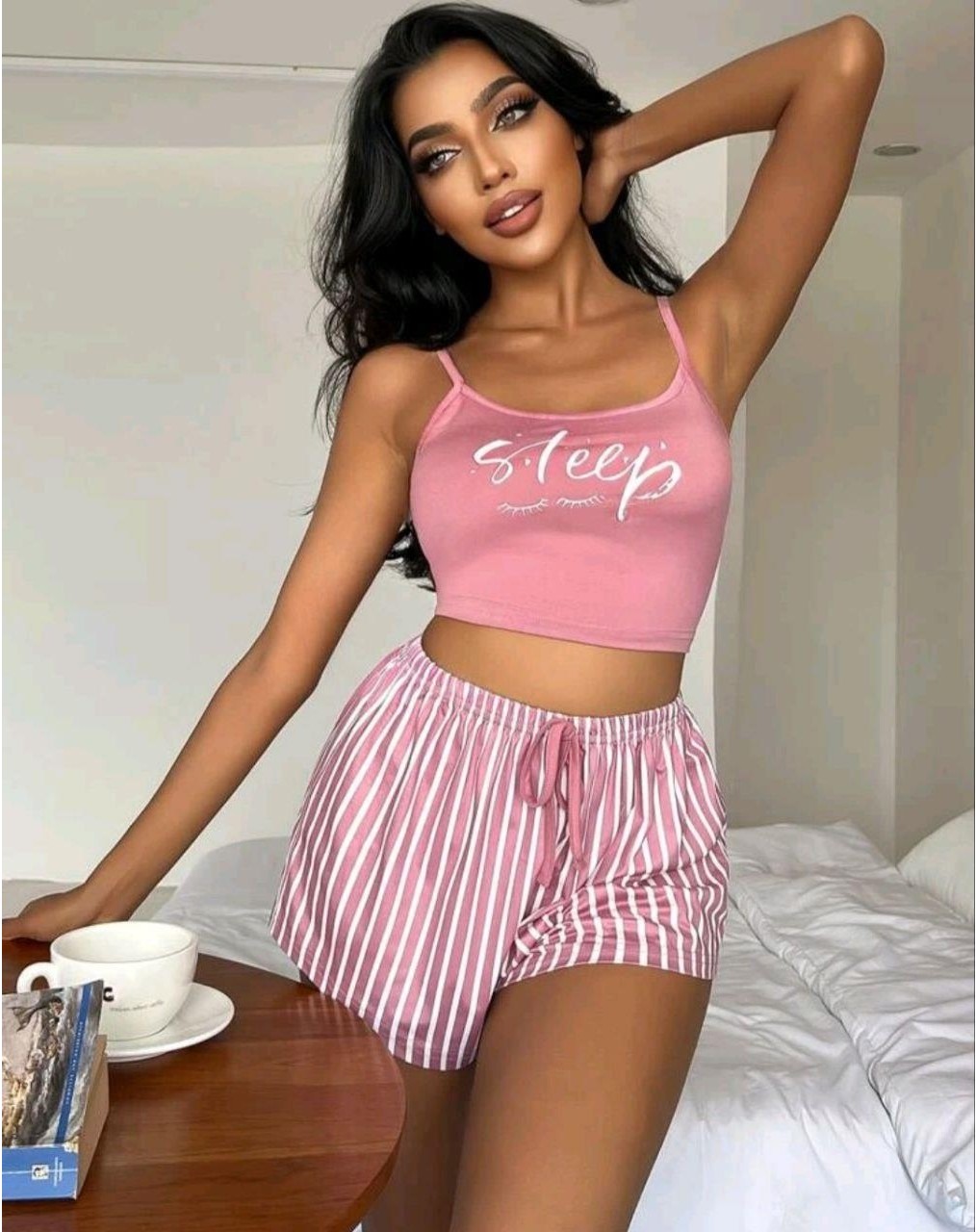Kadın Pembe Çizgili Desen Askılı Şortlu Pijama Takım 5002 görsel 5
