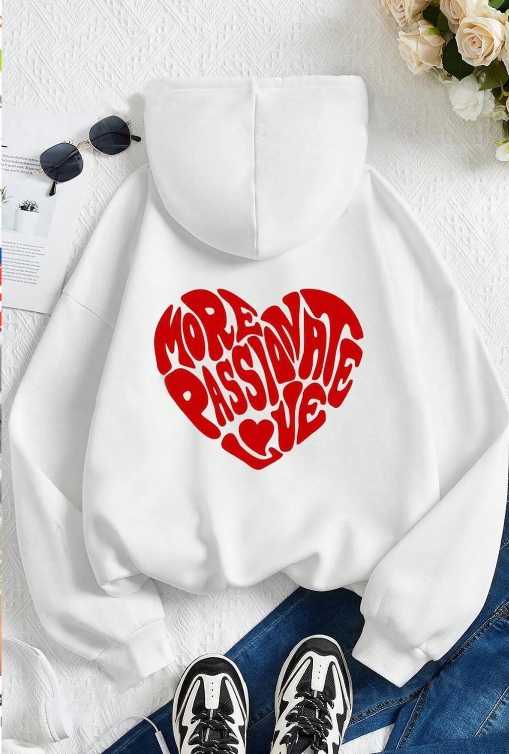 Amor Face Büyük Beden Özel Tasarım Kapüşonlu More Passıonate Love Kalp Sırt Baskılı Modern Kadın Sweatshırt