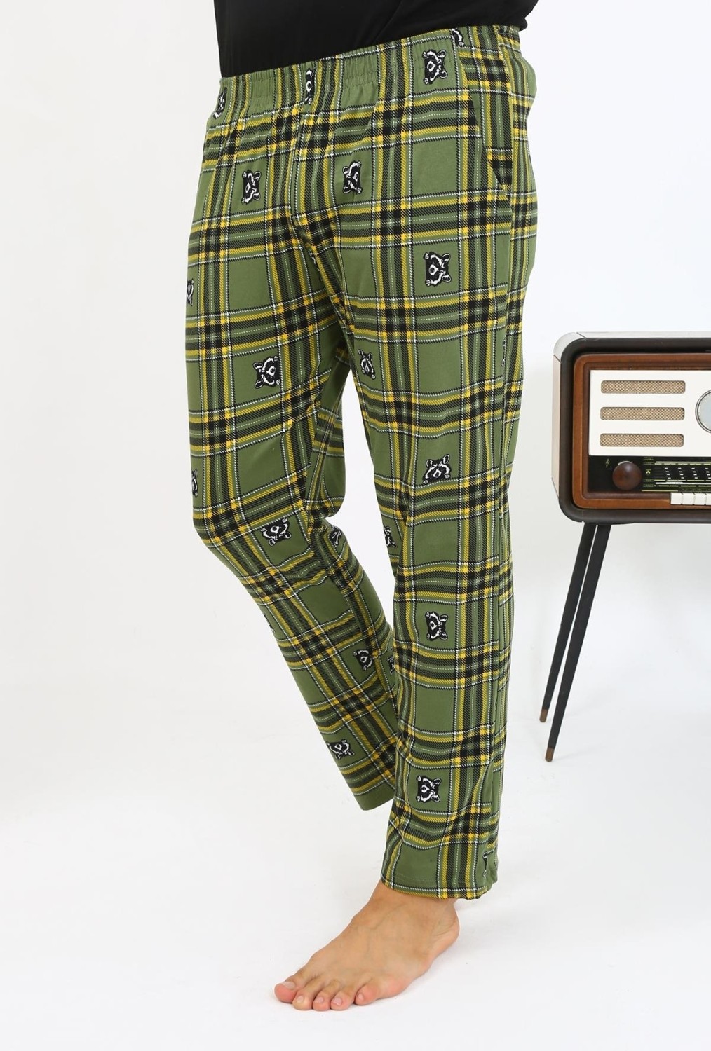 Akbeniz Erkek Ekoseli Desen Penye Tek Alt Pijama 27540 Haki