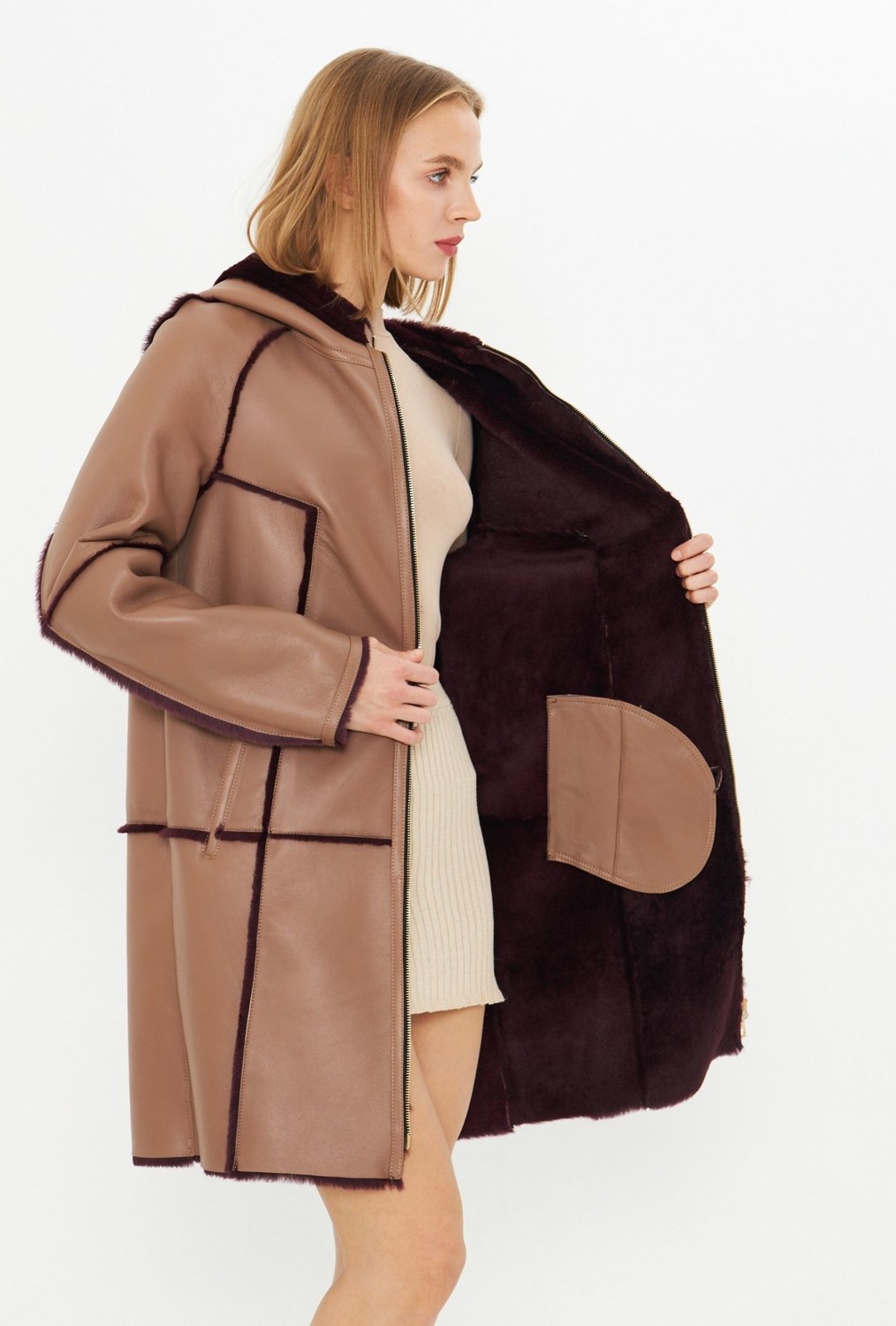 By Marki Marki Deri Kapüşonlu Oversize Kadın Kaban - Içi Kürklü Bordo - Kahverengi 90 cm - 113422 görsel 2