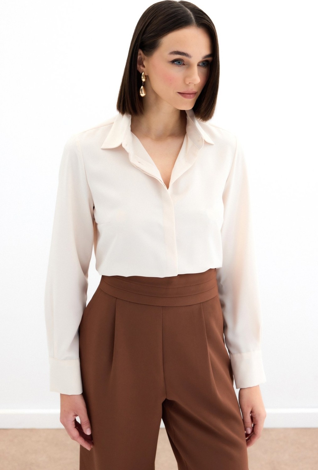 Sateen Klasik Düz Gömlek - Bej