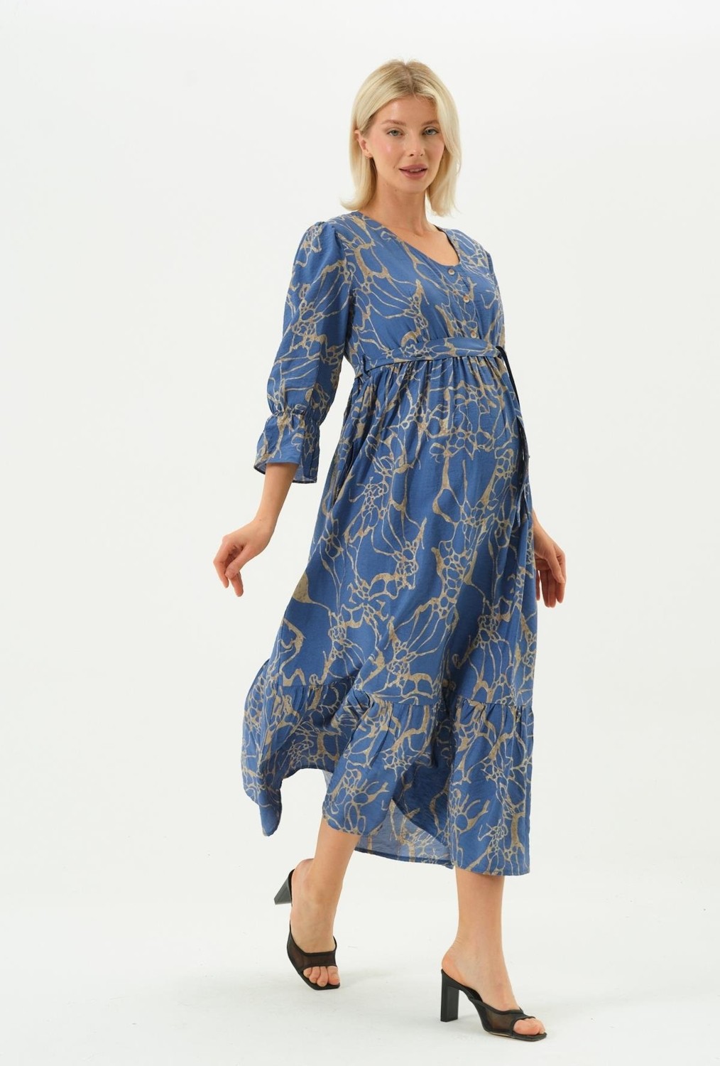 Busa Hamile Bisiklet Yaka Desenli Uzun Elbise Mavi görsel 3