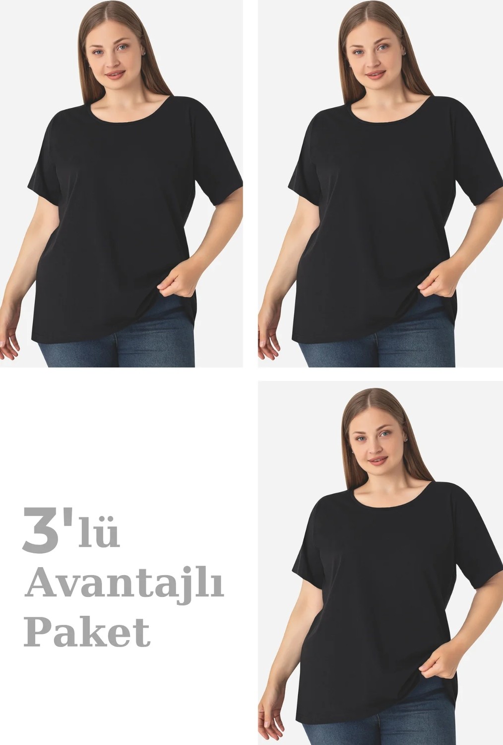 Arma Yıldız Kadın Büyük Beden Pamuklu Basic Kısa Kollu Bisiklet Yaka Tişört Siyah 3'lü Paket görsel 6