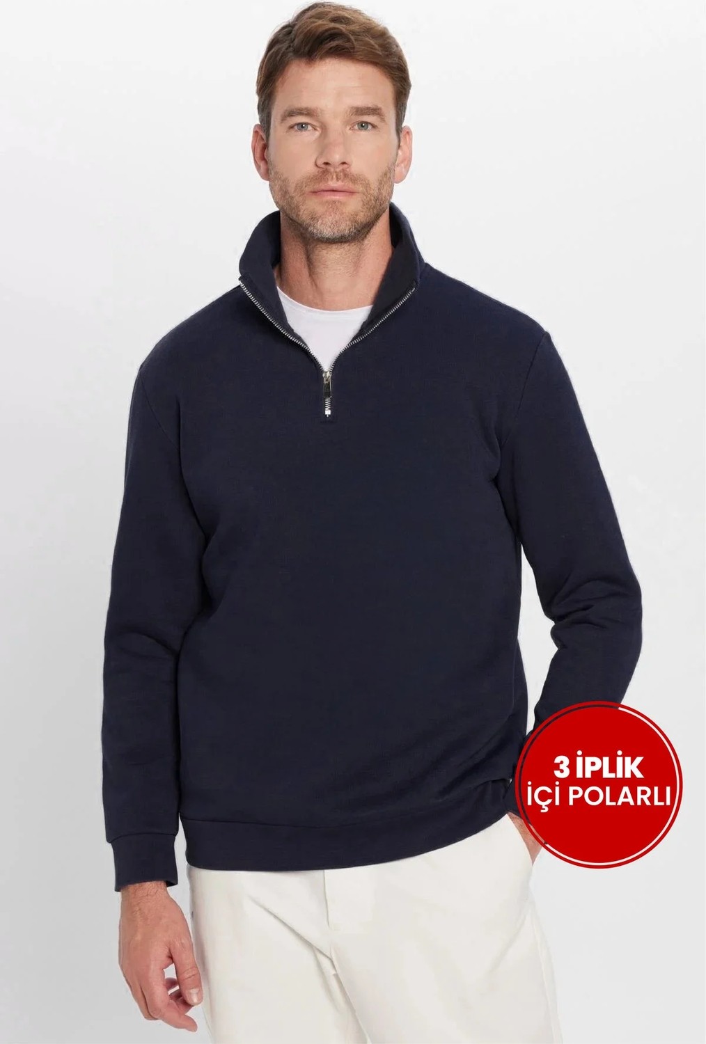 Tudors Unisex Relax Fit Rahat Kesim Pamuklu İçi Polarlı Yarım Fermuarlı Lacivert Dik Yaka Sweatshirt görsel 5
