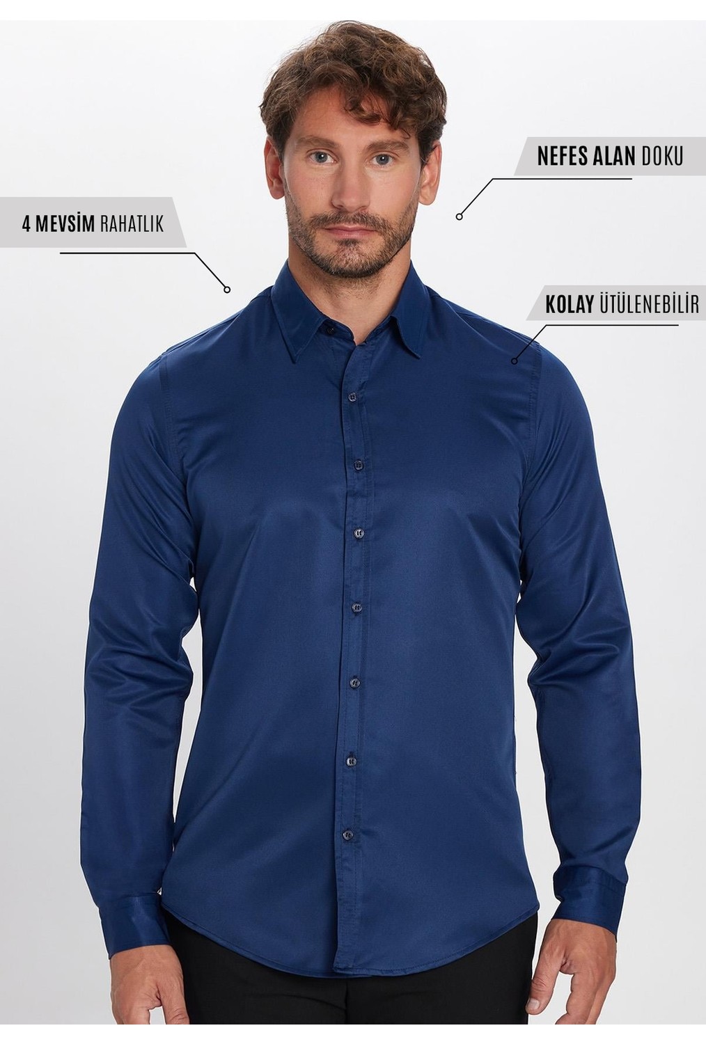 Tudors Slim Fit Uzun Kollu Kolay Ütü Teri Emen Nefes Alan Doku Kravatlık Dört Mevsim Beyaz Erkek Gömlek görsel 2