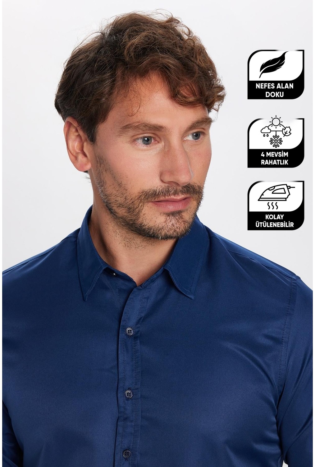 Tudors Slim Fit Uzun Kollu Kolay Ütü Teri Emen Nefes Alan Doku Kravatlık Dört Mevsim Beyaz Erkek Gömlek görsel 3