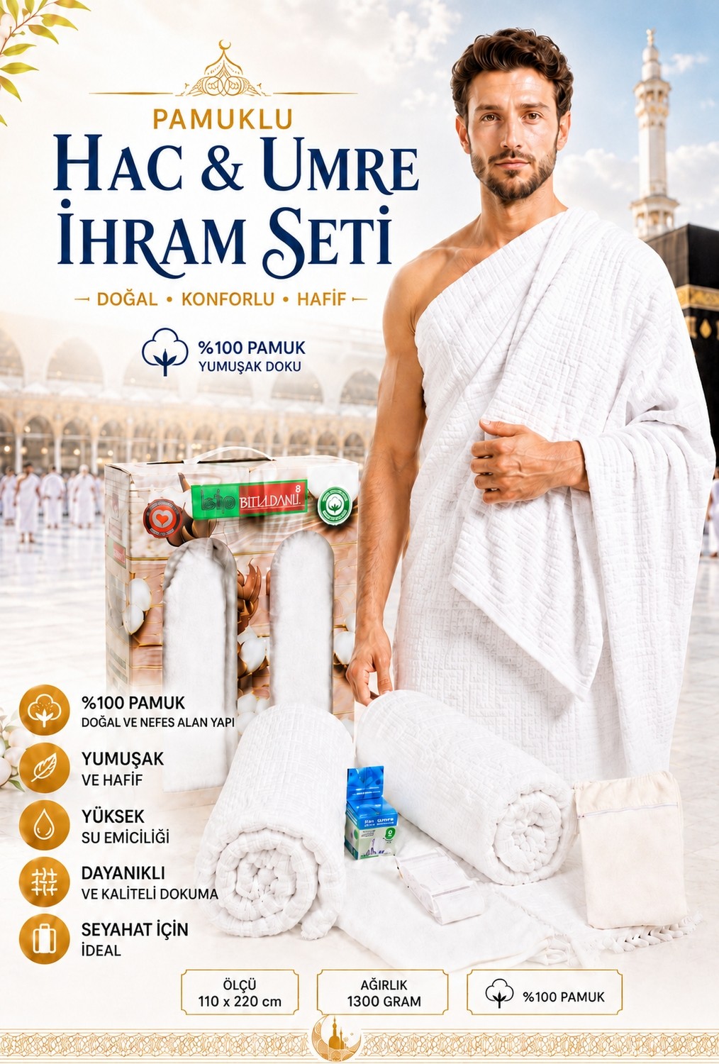 İhvan Online 6 Parça Pamuklu Hac ve Umre Ihram Seti %100 Pamuk, Kemer, Çanta ve Seyahat Adaptörlü