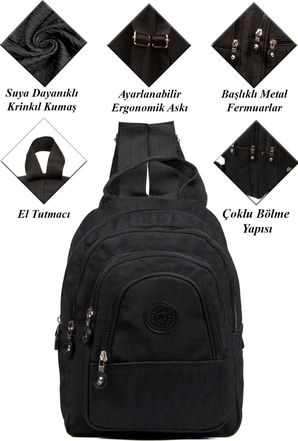 Av A Dos Siyah Unisex Krinkıl Kumaş Çok Bölmeli Sırt Çantası Günlük Çok Gözlü Suya Dayanıklı görsel 2